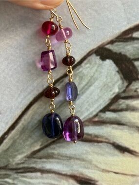 Asymmetrical, gemstone, earrings, sapphire, and garnet